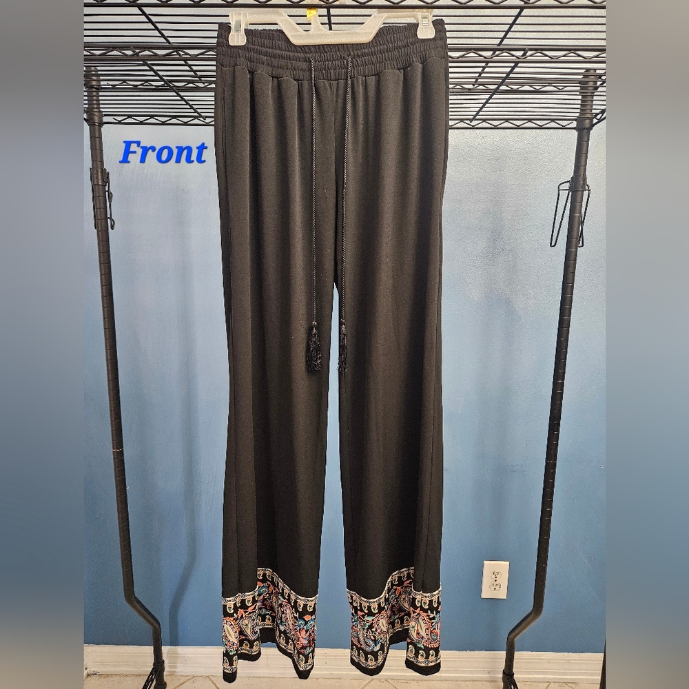 Black Pants with Paisley Pattern at Hem